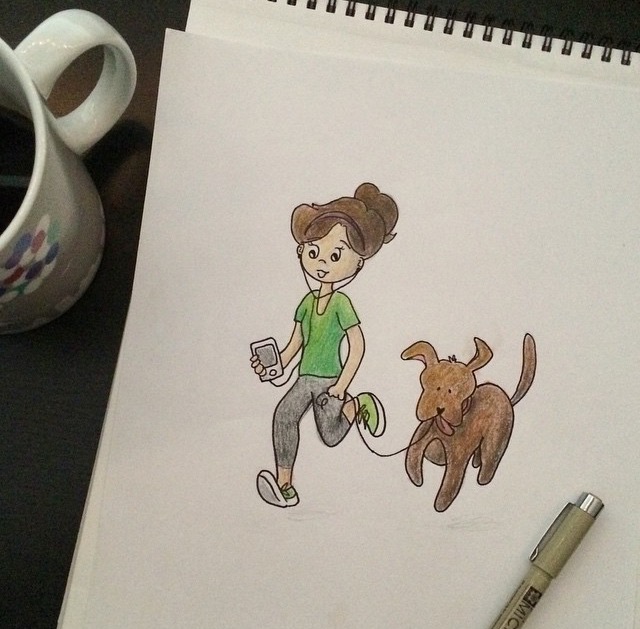 girl running with dog drawing