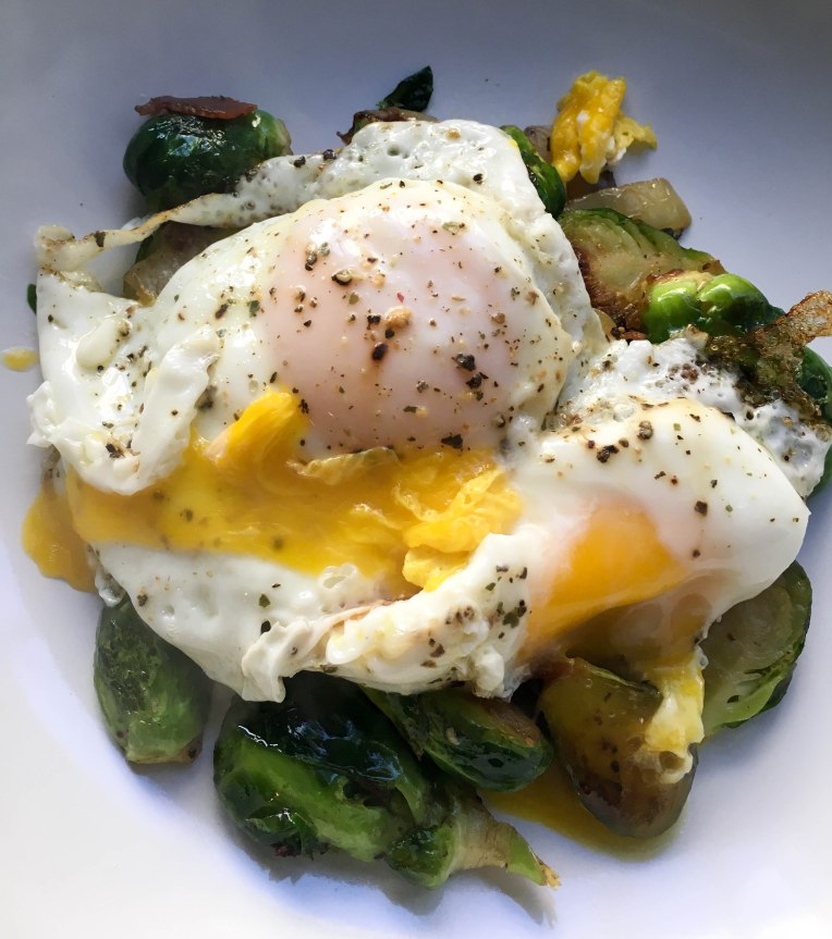 Brussels sprouts, bacon, and egg dish that is paleo and Whole 30 approved