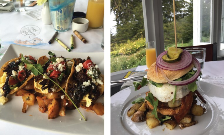 Eating breakfast tacos and a burger at Circa '62 restaurant in Mendocino County